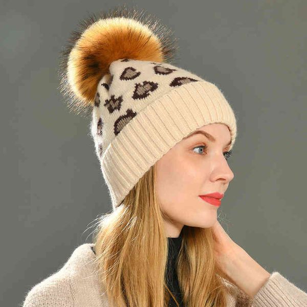 Chapeau d'hiver doux laine cachemire tricoté bonnet Bonnet gros léopard femmes chapeaux J220722