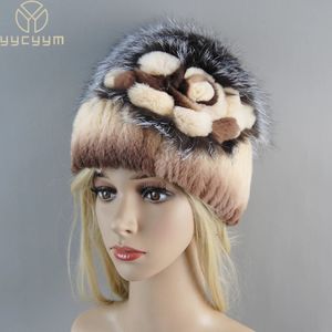 Gorro de invierno para mujer, piel de conejo Rex, tejido cálido, cosido a mano, zorro Floral, elegante, elegante, para mujer, gorro para el frío, gorro peludo, sombrero de piel Natural 231226