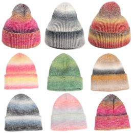 Chapeaux d'hiver pour femmes hommes laine tricoté chapeau grande tête arc-en-ciel dégradé couleur bonnets chauds garçons filles en plein air coupe-vent Gorra Mujer