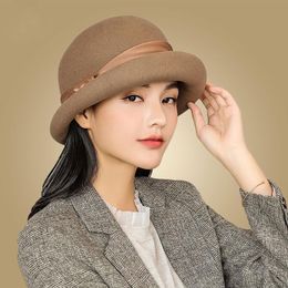 Wintermutsen voor vrouwen wol Fedora hoed met boog lint elegante dame chapeau femme brede rand vilt hoeden cloche sombrero