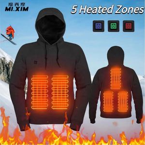 Veste chauffante d'hiver 5 zones hommes femmes lavé USB chauffage sweats à capuche chaud à manches longues Streetwear veste chauffante sport manteau à capuche 231228