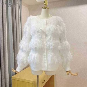 Hiver haute qualité industrie lourde perles couture plume d'autruche mince manteau dames col rond veste décontractée 210525
