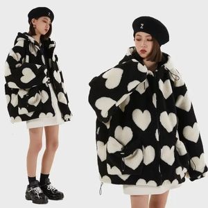 Veste d'hiver rembourrée en fourrure de lapin imprimée Harajuku Love, pour hommes et femmes, Style hongkongais, à capuche en coton pour étudiants, 240117