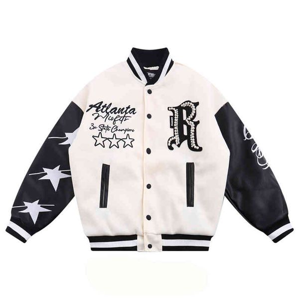 Ropa de calle de invierno de estilo hip hop, chaqueta de béisbol para hombre, bordado de perlas y letras, abrigo grueso y cálido universitario de retales, Parka Punk Harajuku para mujer