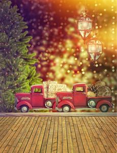 Vacances d'hiver à pois photographie décors arbre de noël lanternes Vintage voitures rouges avec des cadeaux Kid Studio Bokeh fond plancher en bois