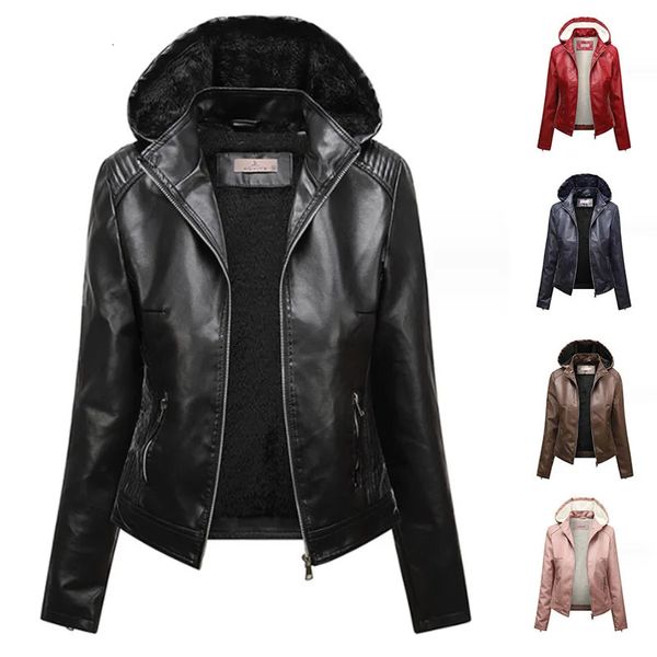 Vestes d'hiver en faux cuir PU avec col à capuche, polaire chaude pour femmes, veste de luxe, noir, rose, rouge, manteau de fourrure de motard, 231226