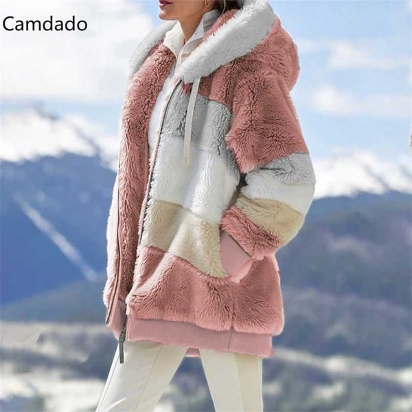 Chaqueta con capucha de invierno para mujer, chaqueta de algodón de talla grande 5X, moda de retazos de felpa, bolsillo con cremallera, abrigo suelto de manga larga para mujer, abrigo superior 211109