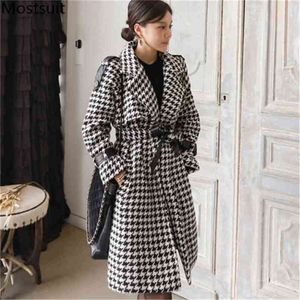Hiver pied de poule laine longs manteaux vestes femmes manches col rabattu ceinturé Vintage mode coréen hauts 210513