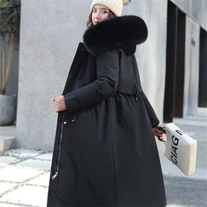 Veste d'hiver pour femmes Parkas Plus Size X-Long style punk coréen plissé Sustans Warm Down Manteau en coton élégant Big Fur Collar 201125