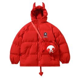 Winterjas Down Parka's met capuchon en tas Streetwear Hip Hop Duivelshoorn Dikke warme bubbel gewatteerde jassen Harajuku Casual pufferjassen