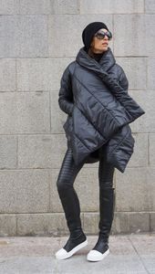 Winterjas Hoodie-jas Extra warm Asymmetrisch Extravagant Zwart Kapmantel Waterdicht Winddicht Gewatteerd met zijzakken