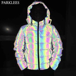 Winterjas heren kleurrijke reflecterende mannen winterjas mode hiphop winterjas mannen hoodie jassen met pant mannen streetwear 210524