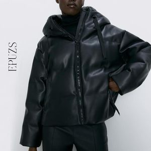Chaqueta de invierno Mujer Parka Vintage Cuero Negro S Abrigos Streetwear Femenino Puffer Abrigo con capucha coreano 210521