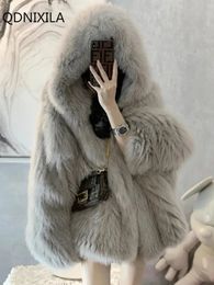 Vestes d'hiver pour femmes, manteau en fausse fourrure de renard, Version coréenne, vêtements d'extérieur, manteau en fausse fourrure, veste à capuche, 240125