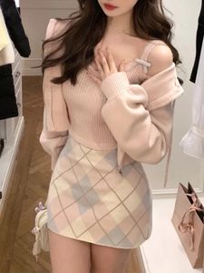 Winter kawaii gebreide 3 -delige set vrouwen boog zoete elegante rokpak vrouwelijke lange mouw jas roze vest plaid mini 2023 240401