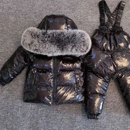 Vêtements d'hiver Boutique pour enfants, ensemble 2 pièces, doudoune, pantalon à bretelles, grand col en fourrure, chaud et doux, combinaison de Ski unisexe, 231228