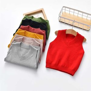 Winter Kids Sweater Knitted Vests For Girls V-neck Fleece Boy Casual Sleeveless 211203