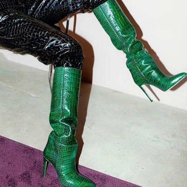 Bottes hautes de genou d'hiver pour femmes sexy stiletto imprimer en peau de serpent mode fine talons hauts chaussures us taille 5.5-12