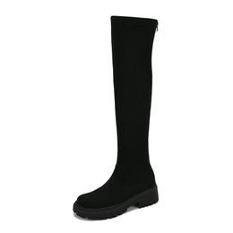 Bottes hautes d'hiver pour femmes, chaussures de styliste à bout rond et à talons bas, en cuir véritable, en daim, pour fête de mariage, mode de luxe, plateforme dame YGN020-h60-3