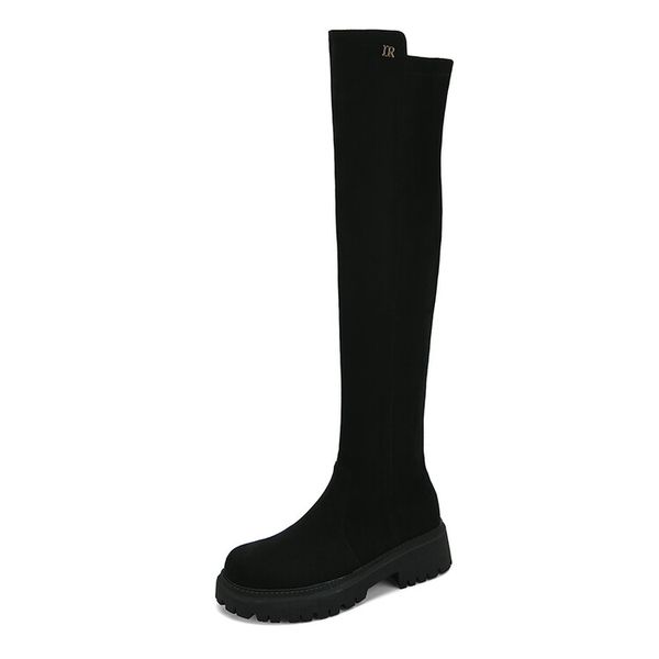 Botas hasta la rodilla de invierno Diseñador de mujer Punta redonda Zapatos de tacones bajos Cuero genuino Gamuza Fiesta Boda Moda Plataforma de lujo Señora WARORWAR YGN020-h60-9