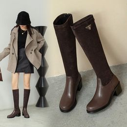 Zapatos de diseñador hasta la rodilla de invierno, botas con punta para mujer, gamuza de cabra, cuero genuino Natural, botas altas con hebilla, montaje para mujer, marca WARORWAR YGN020-995-7A66A