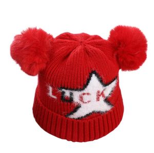 Bonnet d'hiver tricoté pour bébé, chapeau de styliste, doux, avec grosse boule, pompons, pompons, chapeaux en laine Angora, double couche, épais et chaud, bonnet porte-bonheur pour bébé