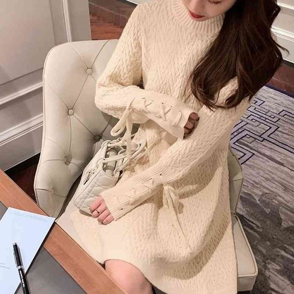 Hiver tricot une pièce robe coréenne décontracté à manches longues élégante Mini robe femmes à lacets doux bureau pull robe printemps 210325