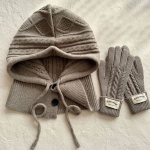Conjunto de guantes de gorro de punto de invierno, pasamontañas cálido y grueso, bufanda de Cachemira de imitación, chal de lana de Corea, jersey con dedo dividido, sombrero 240111