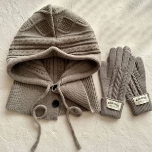 Winter Gebreide Muts Handschoenen Set Warm Dikker Bivakmuts Imitatie Kasjmier Sjaal Set Wol Korea Sjaal Split Vinger Trui Hoed 240110