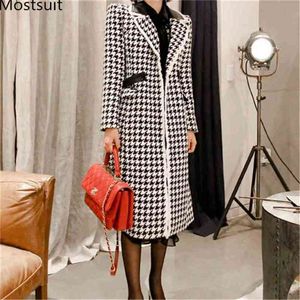 Winter Koreaanse Houndstooth Wollen Lange Jas Jas Vrouwen Mouw Gekleed Kraag Belted Mode Vintage Uitloper Overjas 210513