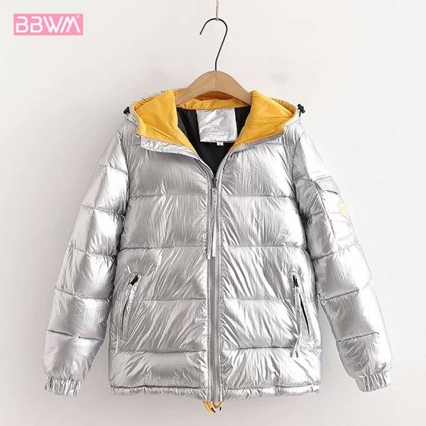 Hiver Style coréen brillant à capuche épais chaud Jaket manteau femmes Vintage court fermeture éclair coton couleur bloc Chic hauts femme 210507