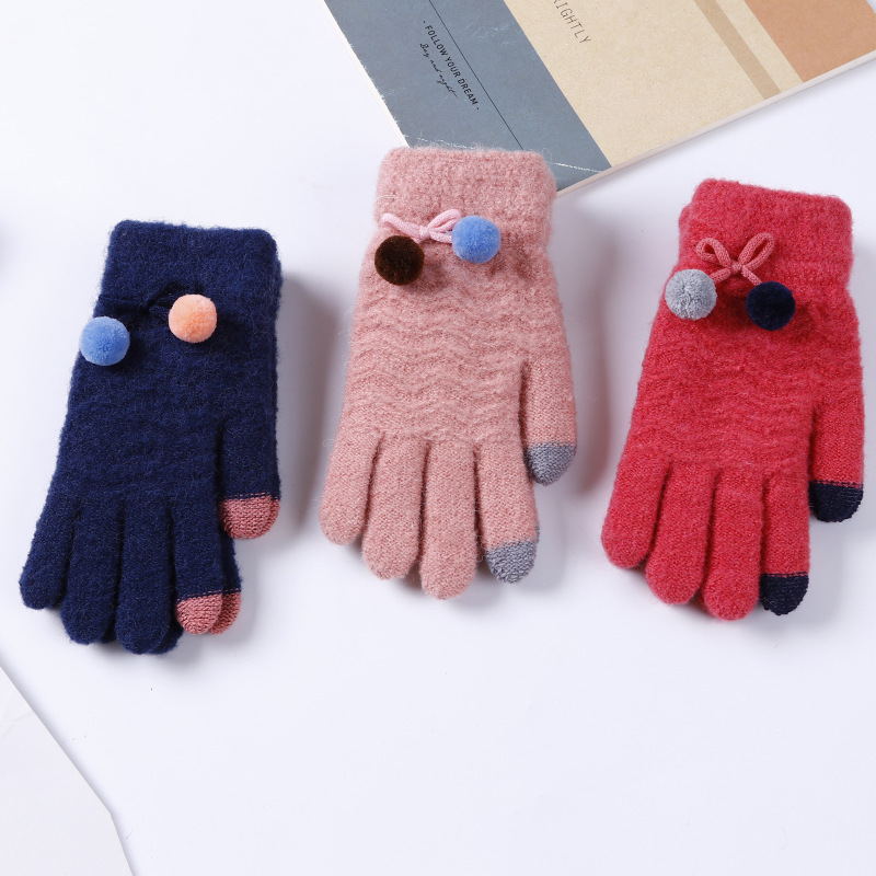 Winter ladies gloves cute hair ball pendant full finger gloves knitted outdoor riding warm touch screen gloves