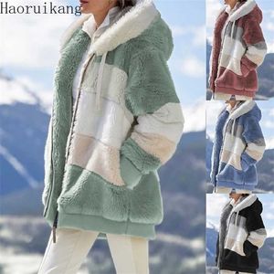 Winter Dames Hooded Pluche Jas Vrouwen Dikke Warme Teddy Jas Bovenkleding Fake Bont Dames Kleding Plus Size Rits Overjas 211110