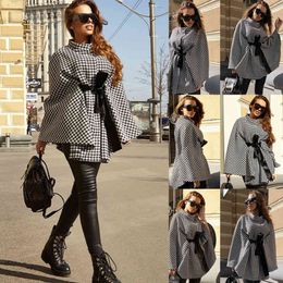 Winter Dames Houndstooth Cloak Coat Dames Hondstooth Cloak Jas Chic Turtleneck Stropdas Asymmetrische Sjaal Poncho Pullover 210422