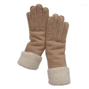 Guantes de moda de longitud media para mujer de invierno de algodón grueso de gamuza de imitación 2021 pelo de cordero Beige cosido a mano para mantener Wa1