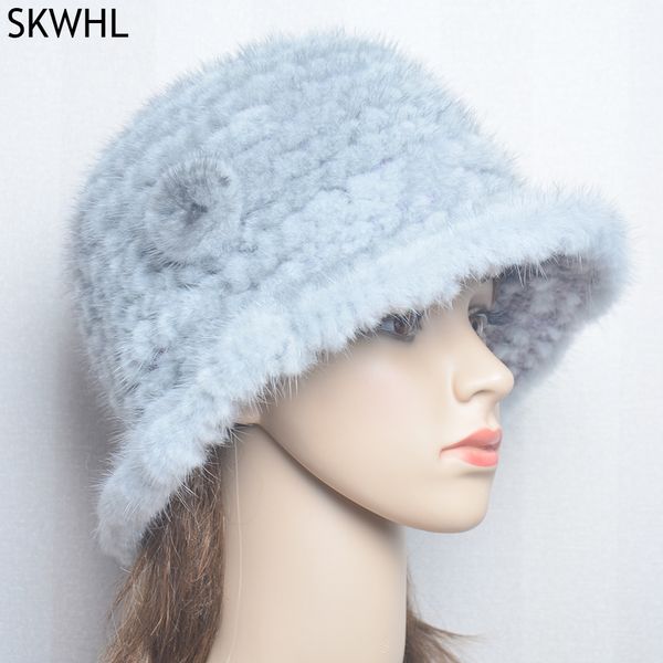 Sombrero de piel de visón 100% Natural para mujer de invierno, gorro tejido cálido auténtico, gorros rusos para exteriores para mujer