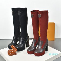 Botas hasta la rodilla de invierno para mujer, piel de vaca sedosa con costuras de terciopelo elástico, botas hasta el muslo, plataforma de diseñador, tacones gruesos de 11 cm, botines para mujer