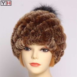 Chapeau d'hiver Lady Natural Rex Rabbit Fur Hat Femmes Chaud Doux Véritable Cap + Boule d'argent Tricoté Real Caps 211229