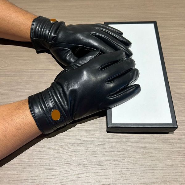 Guantes de cuero con punta de dedo para invierno, manoplas para ciclismo, diseñador, hombres y mujeres, guantes de piel de oveja con cinco dedos, mitones con paquete de caja