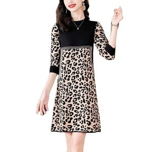 Vestido de suéteres con estampado de leopardo de invierno Vestido de manga larga para mujer Diseñador O-cuello Ajuste elegante Jersey de vacaciones Vestido de punto 2023 Primavera Otoño Slim Soft Warm Runway Party Frocks