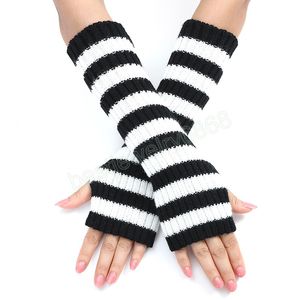 Gants longs demi-doigts pour femmes et filles, tricotés à rayures, sans doigts, chauffe-poignet, pour la maison et le bureau, mitaines chauffe-bras, automne