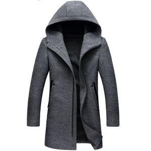 Trench-Coat Long d'hiver à capuche pour hommes, décontracté, en laine, avec fermeture éclair, coupe-vent, coupe-vent, manteaux à pois