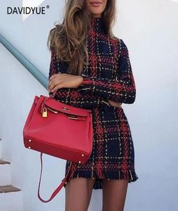 Winter lange mouw jurk vrouwen tweed rode plaid jurk casual coltrui mini jurk Korean bodycon vestidos dame robe noel femme y201337053