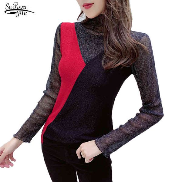 Hiver à manches longues col roulé Blouse femmes décontracté brillant soie pull chemises épissé Chemisier Femme 7910 50 210508