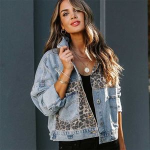 Winter Lange mouwen Jacket Denim Europese en Amerikaanse stijl Leopard Print Stitching Revers Short Women 211014