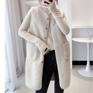Hiver long gilet vestes laine d'agneau épaissir gilet femmes bouton unique poitrine poche Outwear sans manches manteau vêtement 211120