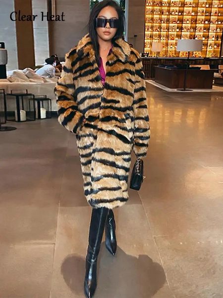 Hiver Long chaud épais léopard fausse fourrure manteau femmes tigre imprimer en vrac luxe moelleux vêtements femme épaissir en peluche pardessus 231226
