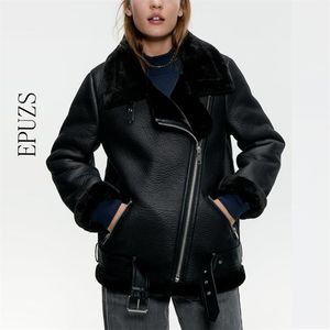 hiver lâche noir PU Veste En Cuir femmes col de fourrure Moto manteau Streetwaer chaud Biker veste outwear 210521