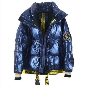 Hiver Lâche Unisexe Brillant Parka 90% Blanc Canard Down Veste Femmes Épais Lettre Ruban Streetwear Manteau 210531