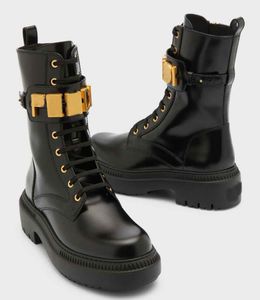 Winter Luxe Merk Dames F-grafiek Lederen Combat Laarzen Vergulde Letters Riem Wit Zwart Kalfsleer Ronde Neus Enkellaars Dame Comfort Martin Booties EU35-40